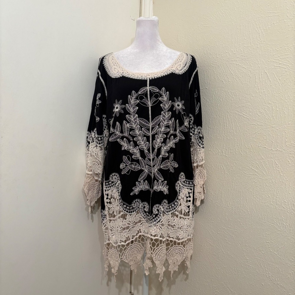 Black White Embroidered Crochet Lace Tunic Top Blouse Boho Rustic Fall 18/20W